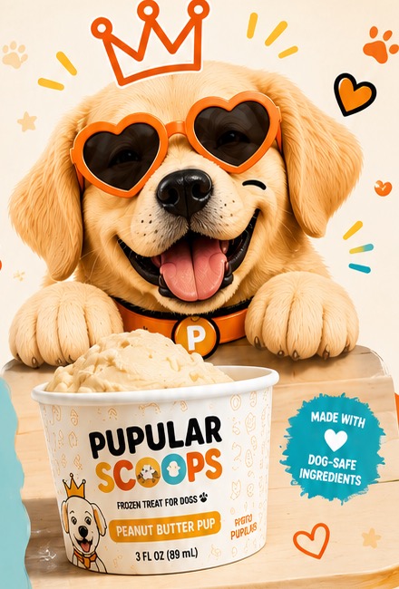 A smiling dog eating Pupular Scoops
